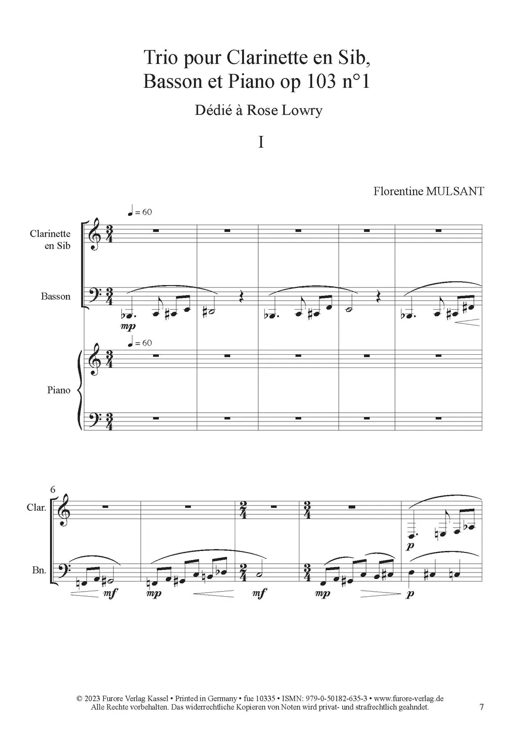 Furore Edition Trio pour Piano, Clarinette en Sib et Basson op. 103 n°1 Noten