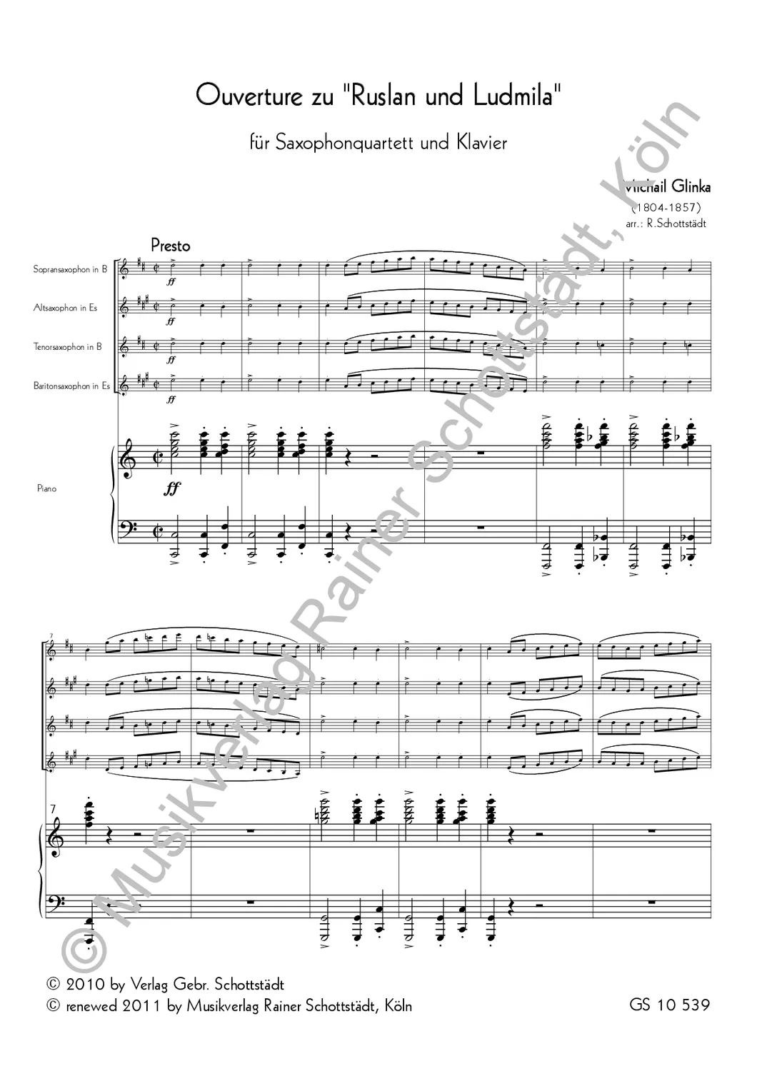 Musikverlag Rainer Schottstädt Ruslan und Ludmila Ouvertüre Noten Saxophon