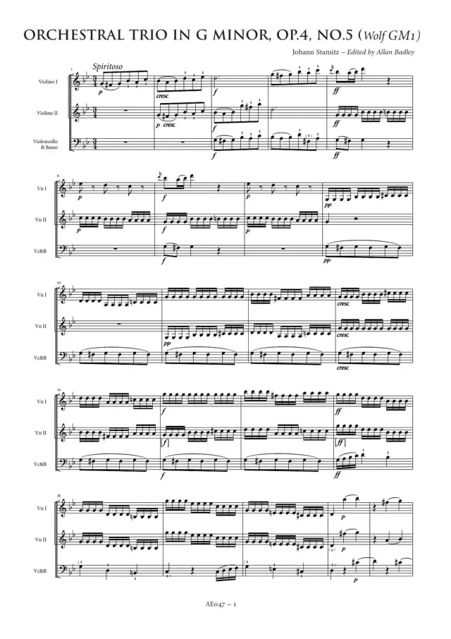 Artaria Stamitz Orchestral Trio in G minor, Op. 4, No. 5