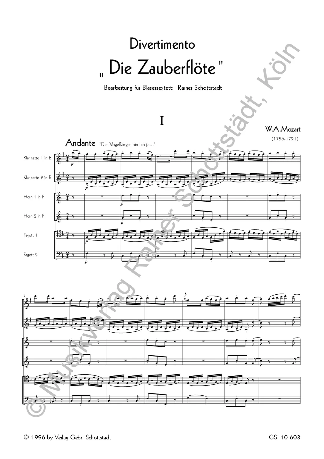 Musikverlag Rainer Schottstädt Divertimento Die Zauberflöte Noten für Bläser