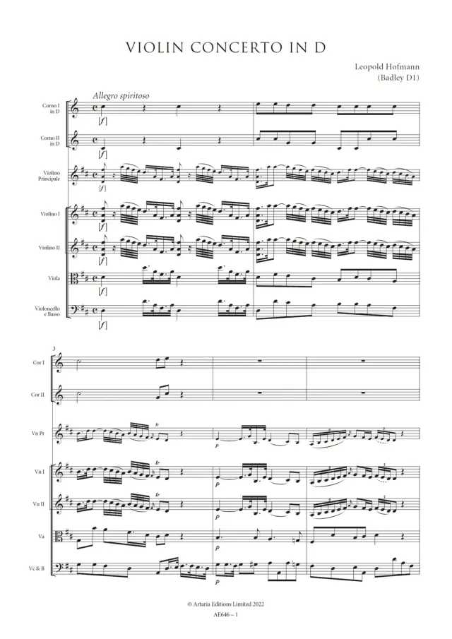 Artaria Hofmann Violinkonzert D-Dur Badley D1 Noten