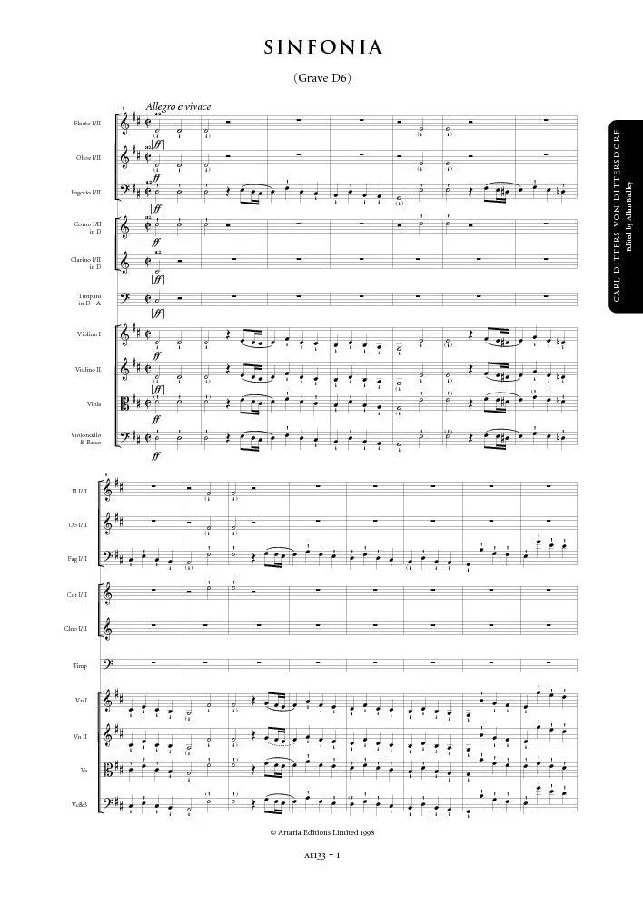 Artaria Dittersdorf Sinfonie D-Dur Grave D6 Partitur