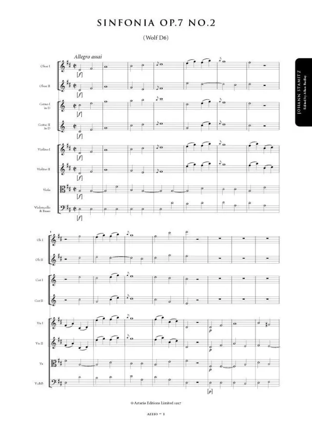 Artaria Stamitz Sinfonie D-Dur op. 7 Nr. 2 AE110 Noten