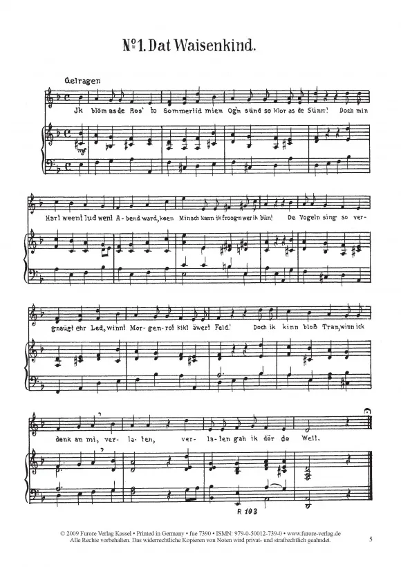Furore Edition Zehn plattdeutsche Lieder Noten Stimme Klavier