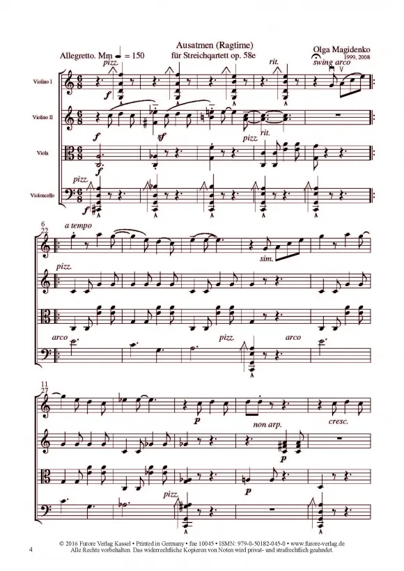 Furore Edition Ausatmen (Ragtime) op. 58e Streichquartett