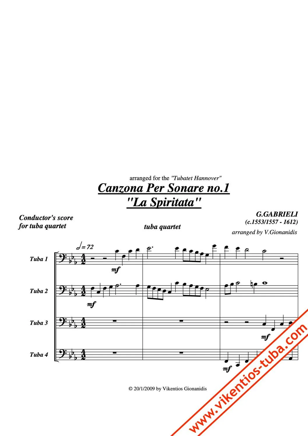 Vikentios Gionanidis Canzona per Sonare No.1 „La Spiritata“ Noten für Tubaquartett