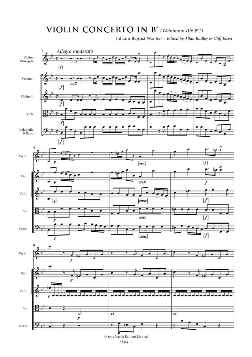 Artaria Wanhal Violinkonzert B-Dur Weinmann IIb Bb1 Aufführungsmaterial