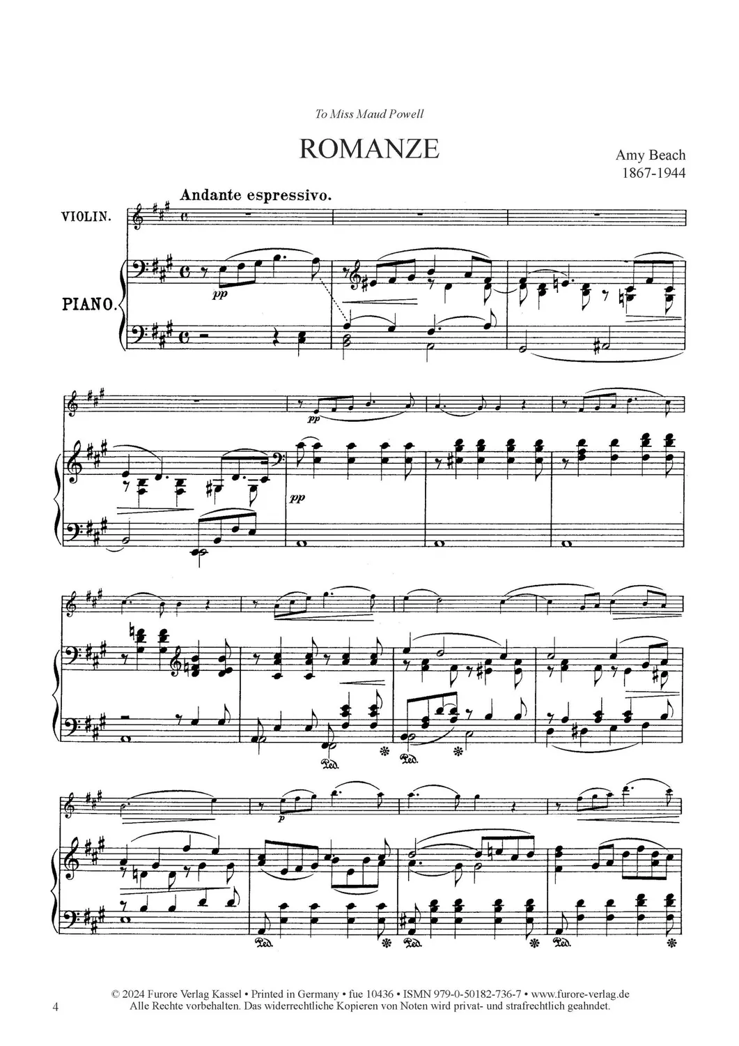 Furore Edition Romanze op. 23 für Violine und Klavier Noten