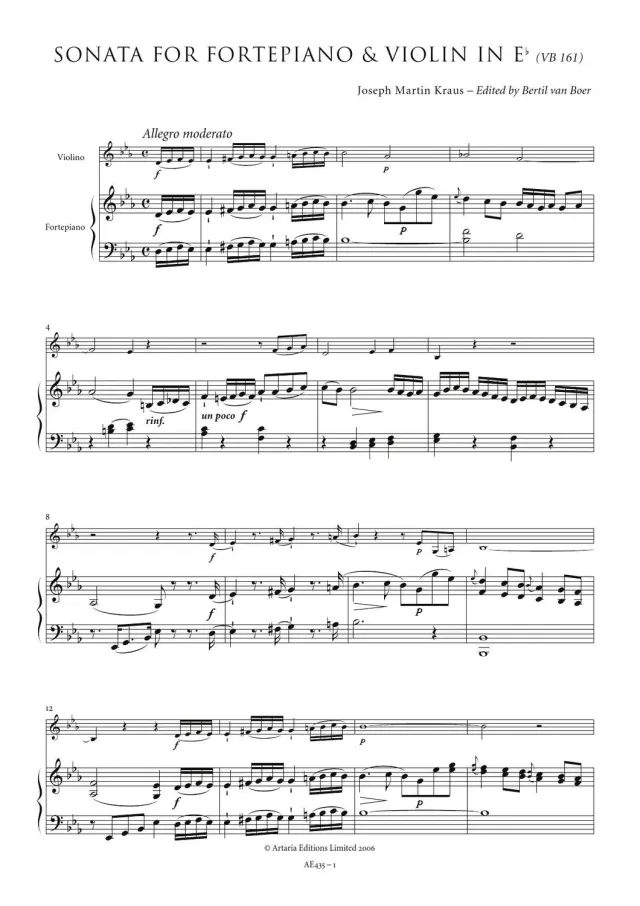 Artaria Sonata for Fortepiano & Violin in E-flat VB 161 Sonate