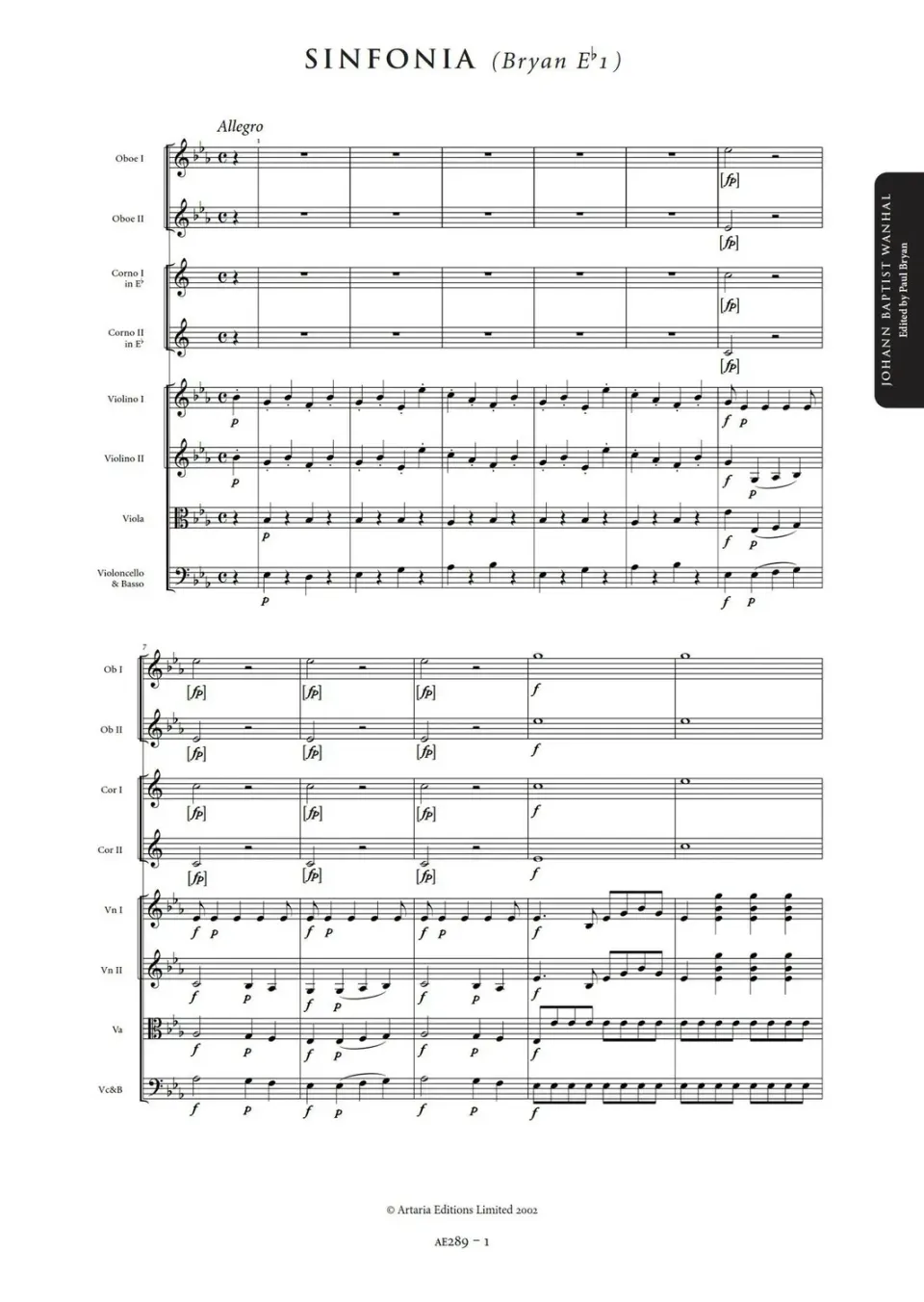 Artaria Wanhal Symphony in E flat major Bryan Eb1 Sinfonie