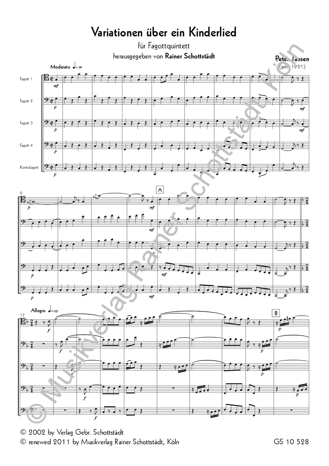 Musikverlag Rainer Schottstädt Variationen Kinderlied Noten Fagott