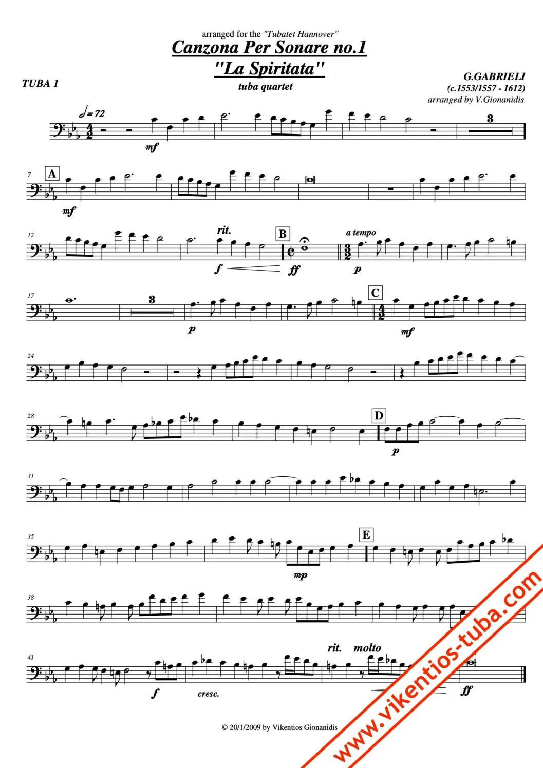 Vikentios Gionanidis Canzona per Sonare No.1 „La Spiritata“ Noten für Tubaquartett