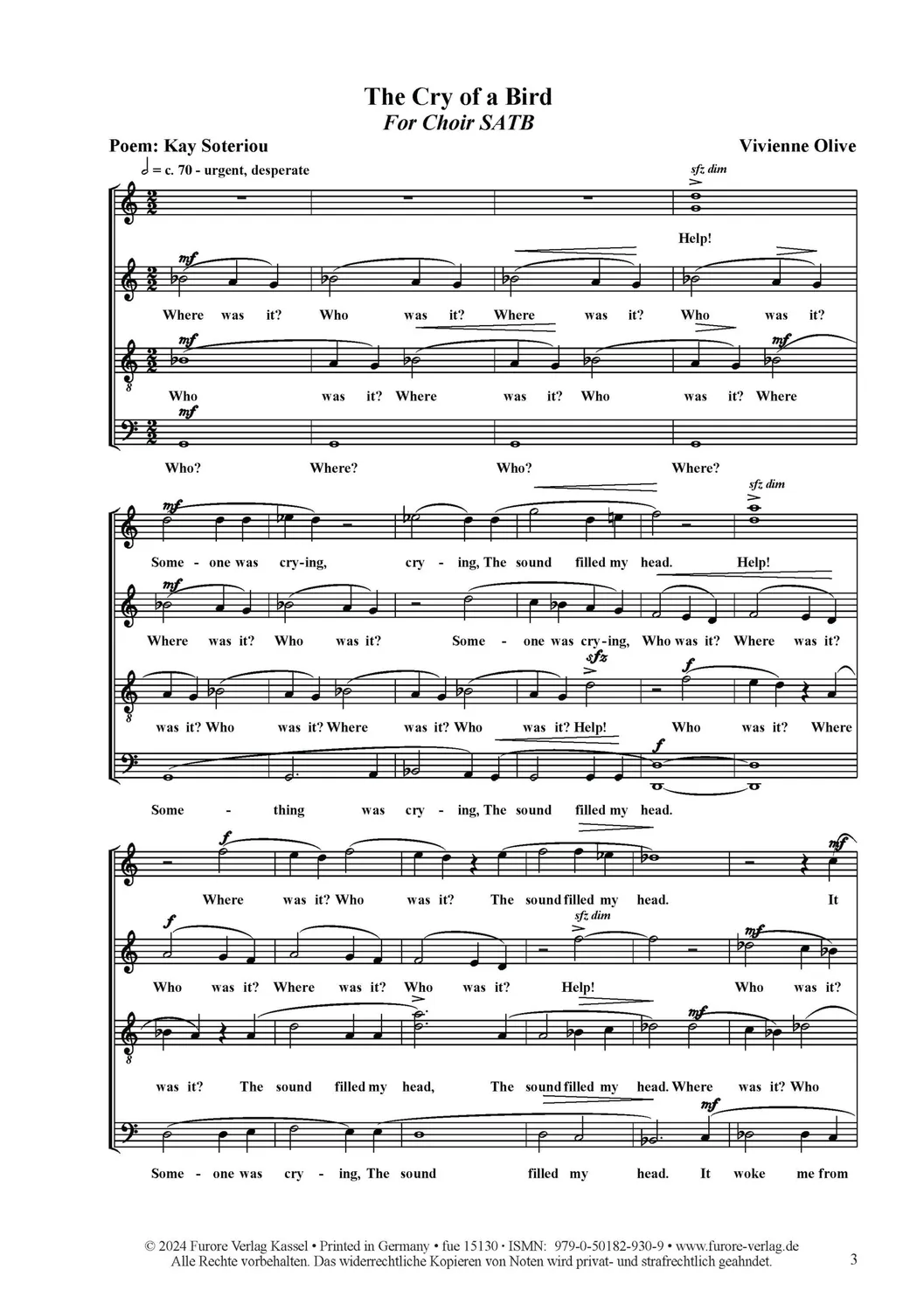 Furore Edition The Cry of a Bird Chornoten für gemischten Chor SATB