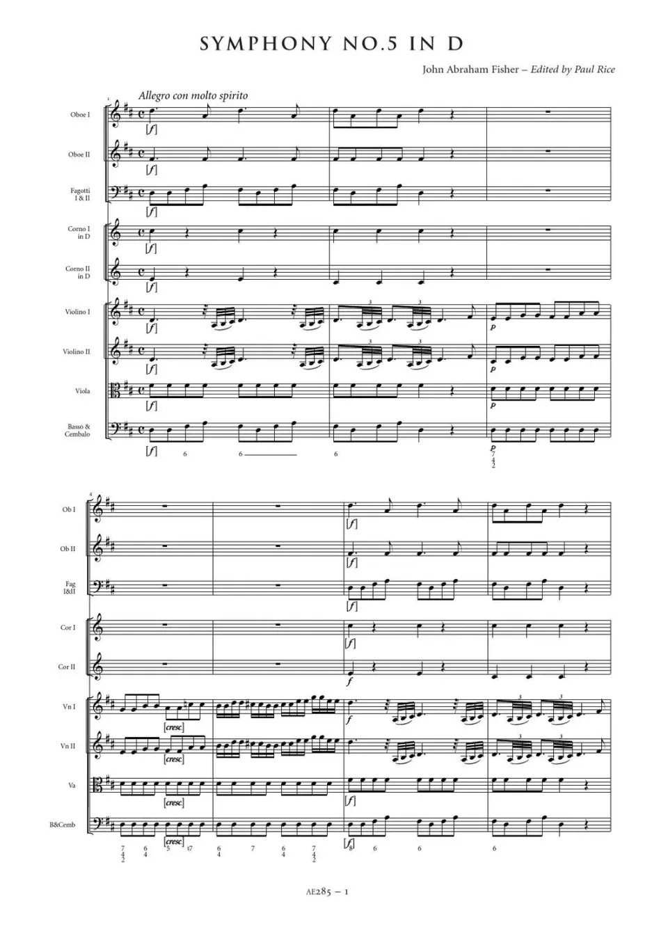 Artaria AE285 John Abraham Fisher Symphony No. 5 in D major Partitur