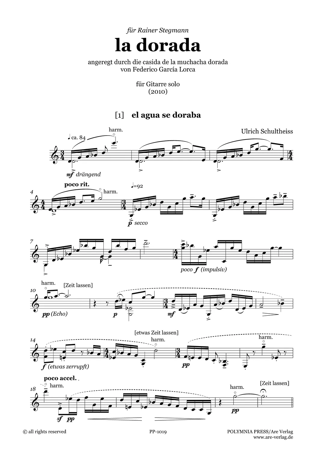 Are Musik Verlag Ulrich Schultheiss: „la dorada“ (2010) für Gitarre solo Noten