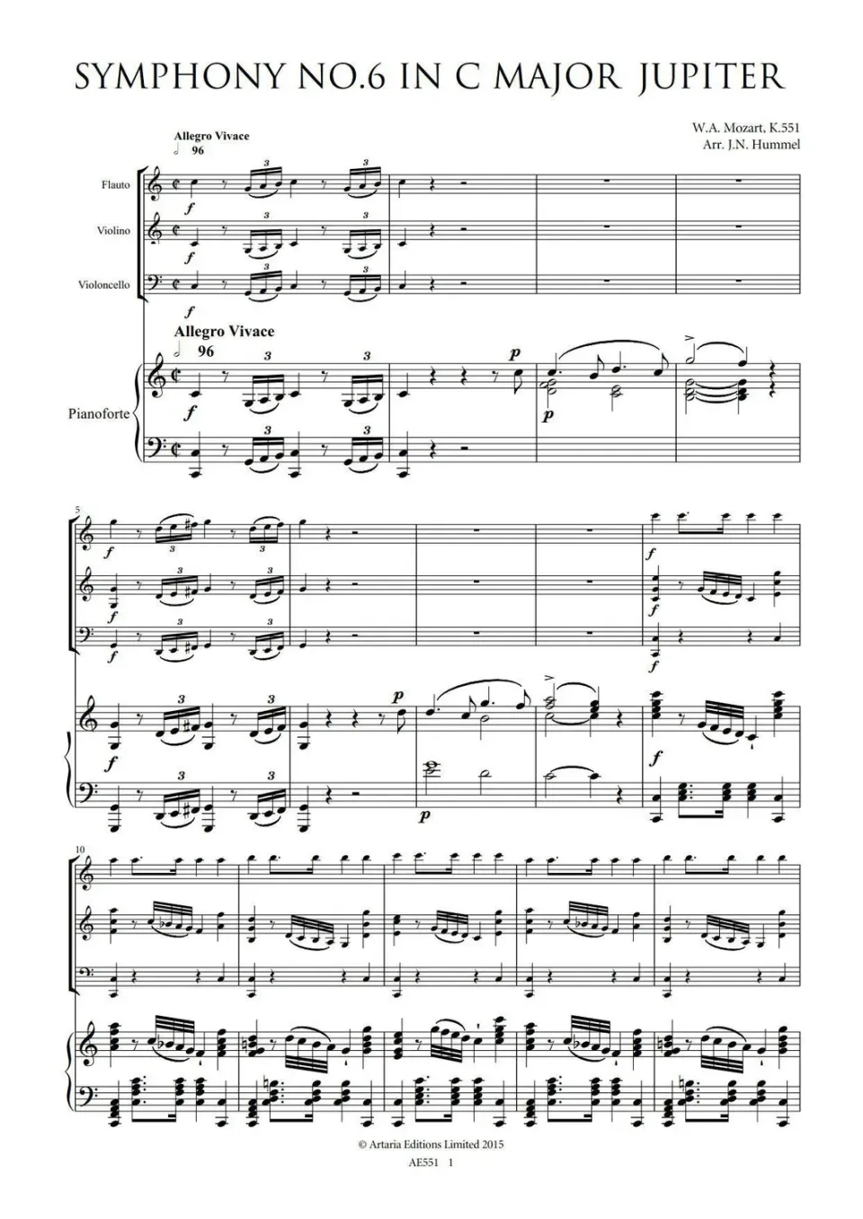 Artaria Hummel Mozart's Six Grand Symphonies No.6 in C Major, K.551, 'Jupiter'