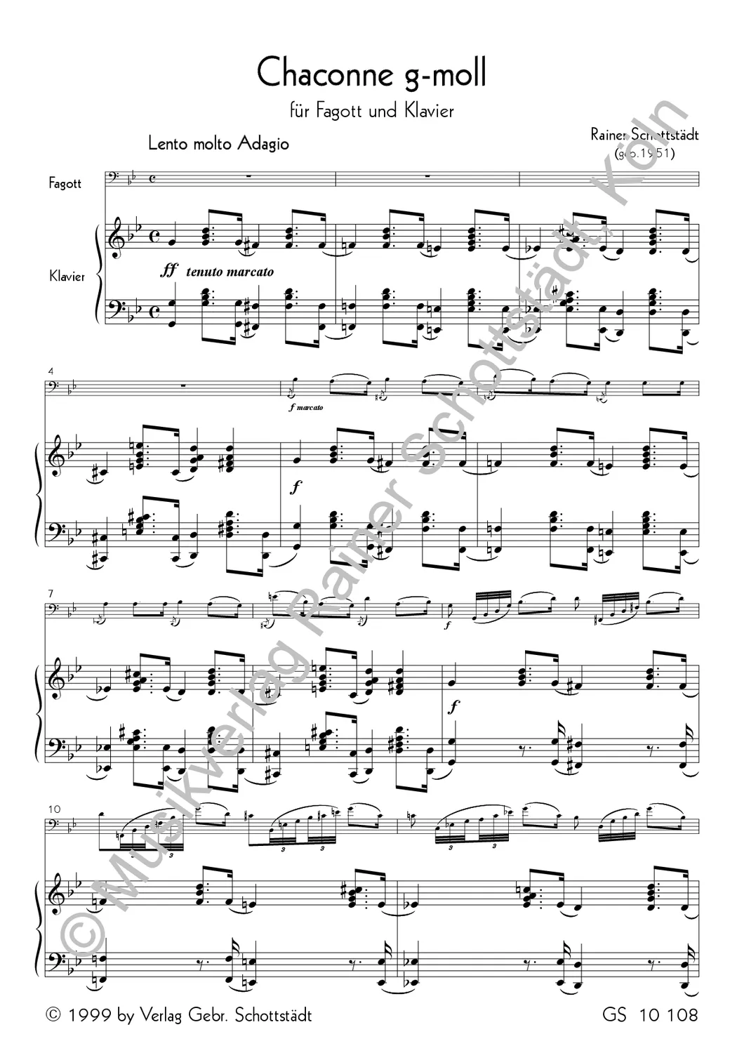 Musikverlag Rainer Schottstädt Chaconne Noten für Fagott und Klavier