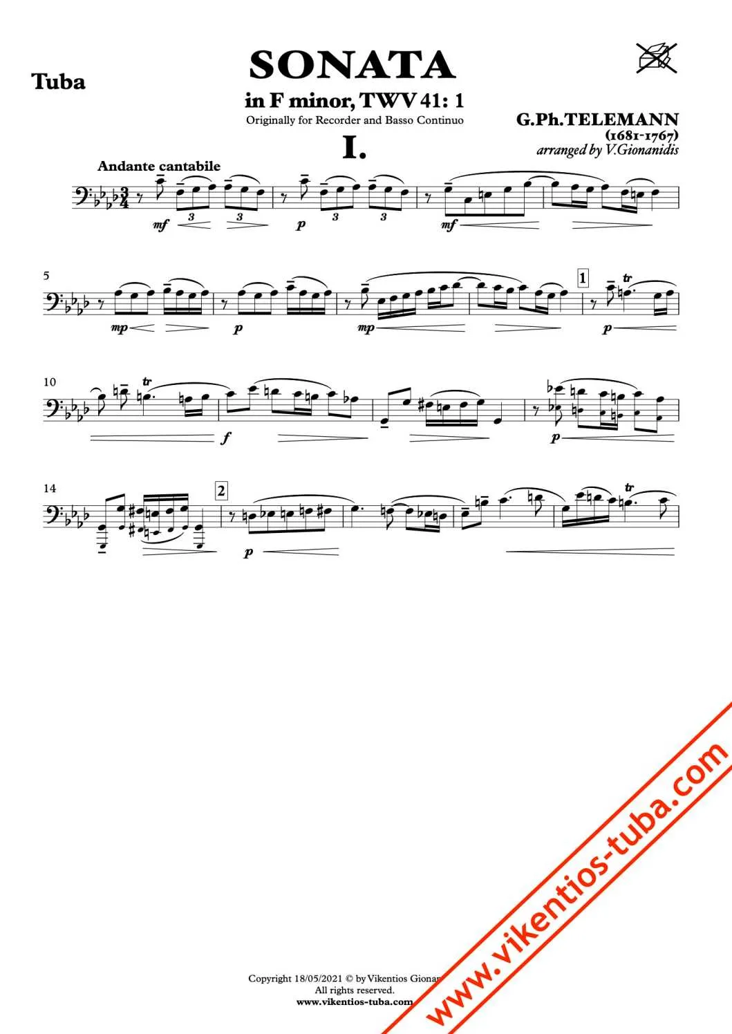 Vikentios Gionanidis Sonata in F minor TWV 41:1 Noten Tuba und Klavier