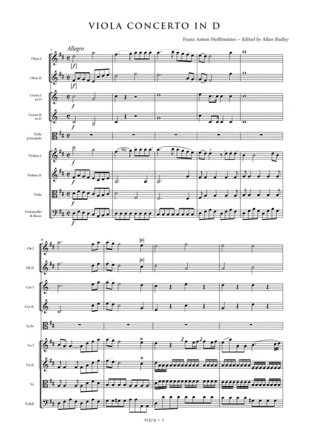 Artaria Hoffmeister Viola Concerto in D major AE374 Partitur