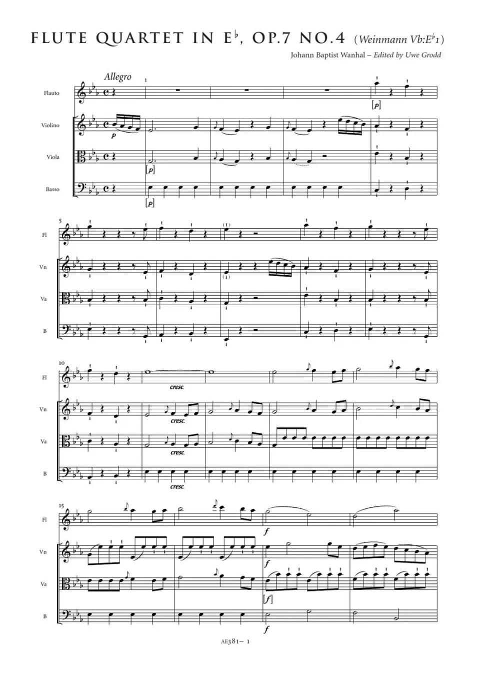 Artaria Wanhal Flötenquartett Es-Dur Weinmann Eb1 Kammermusik