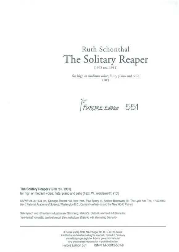 Furore Edition The Solitary Reaper Noten Gesang Ensemble