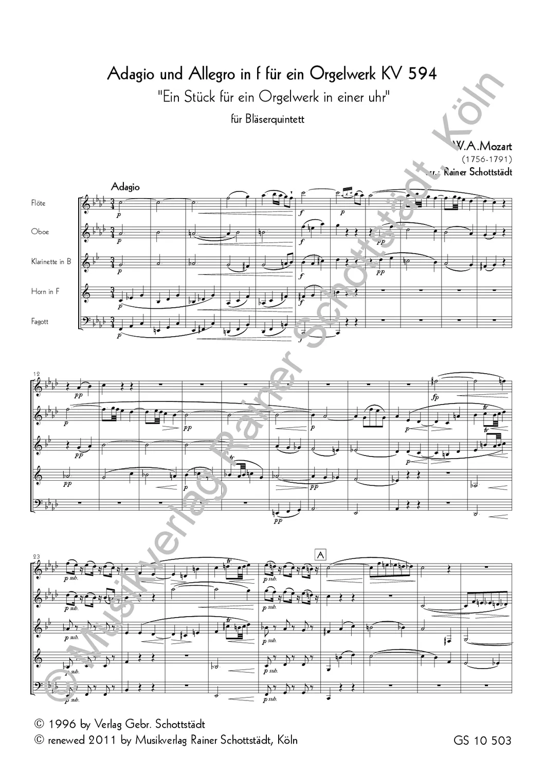 Musikverlag Rainer Schottstädt Adagio und Allegro KV 594 Noten Quintett
