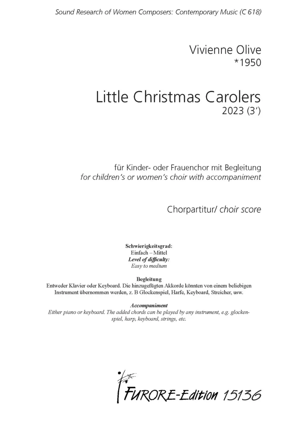 Furore Edition Little Christmas Carolers Chornoten, Klavierbegleitung