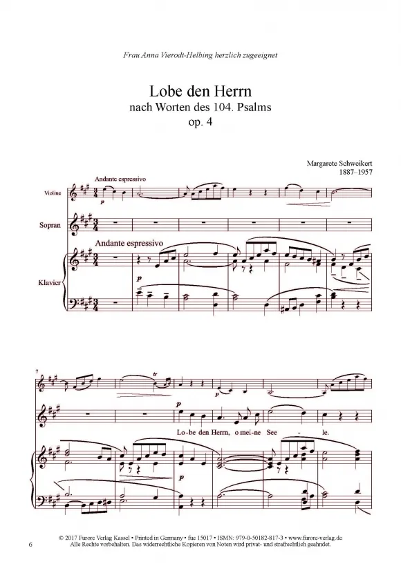 Furore Edition Lobe den Herrn op. 4 Noten Sopran Violine Klavier