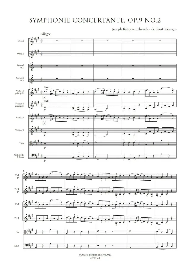 Artaria Saint-Georges Symphonie Concertante in A major, Op.9 No.2 Partitur