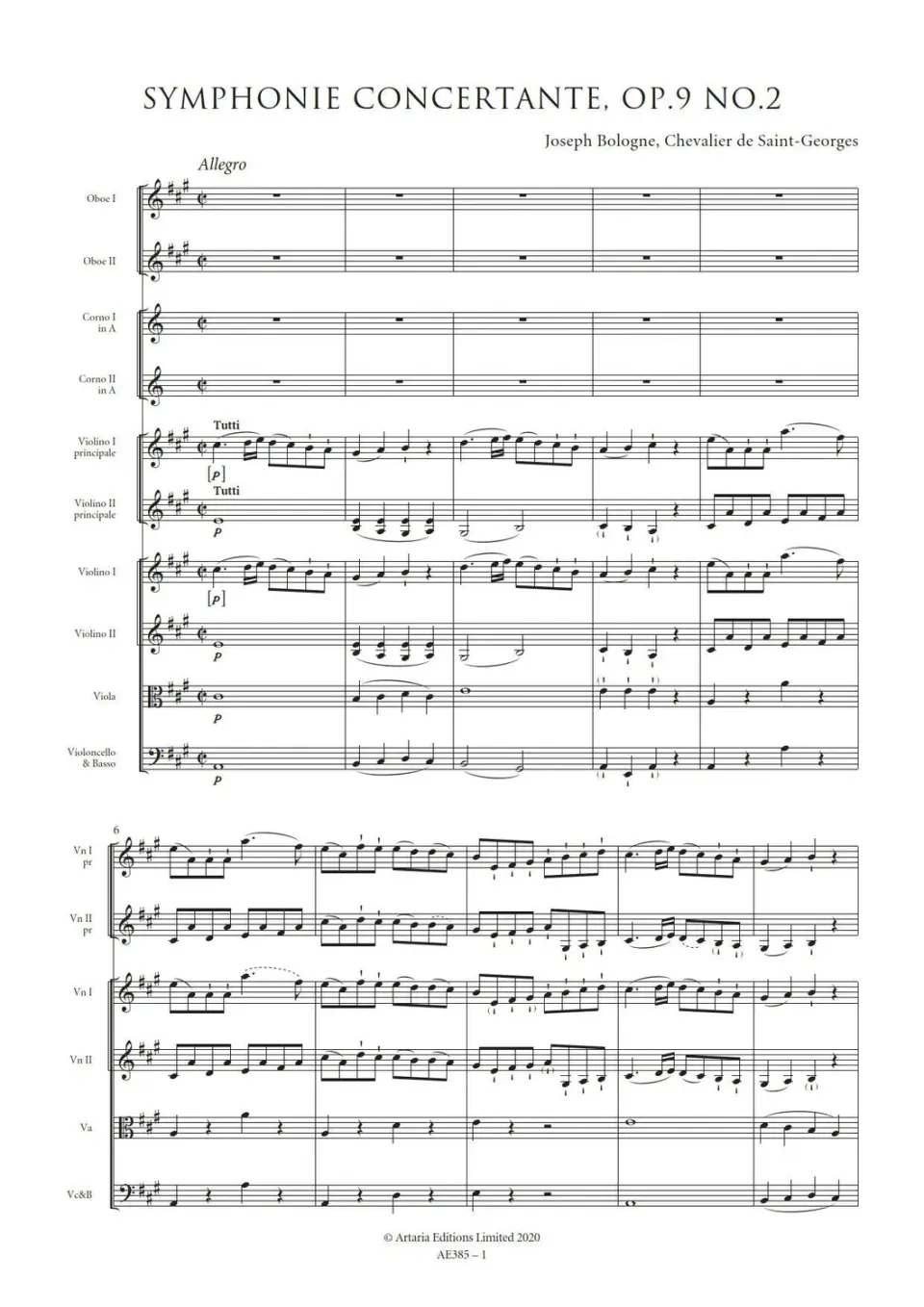 Artaria Saint-Georges Symphonie Concertante in A major, Op.9 No.2 Partitur