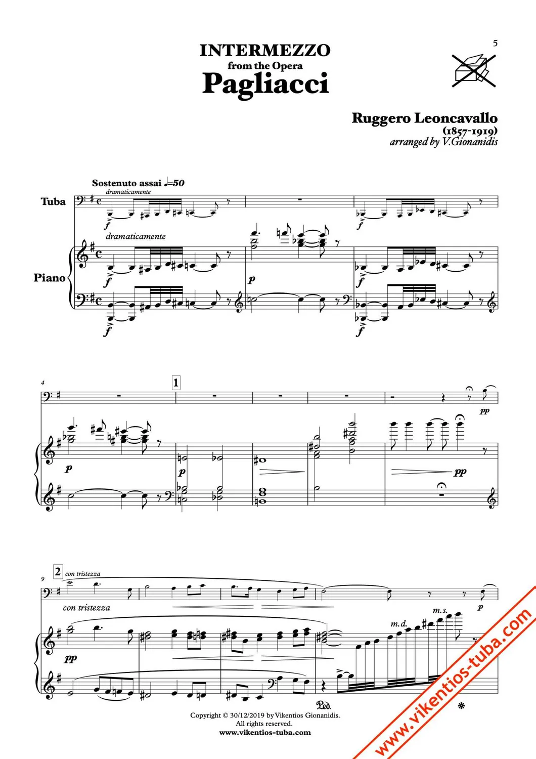 Vikentios Gionanidis Three Opera Interludes Noten Tuba und Klavier