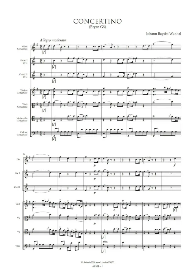 Artaria AE504 Wanhal Concertino G-Dur Partitur Oboe