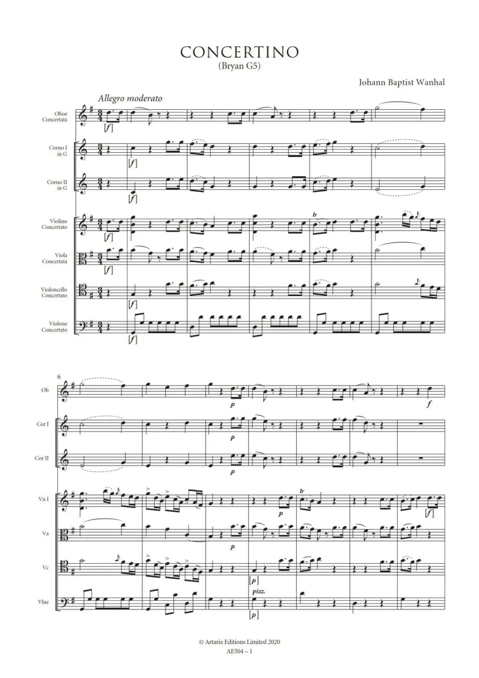 Artaria AE504 Wanhal Concertino G-Dur Partitur Oboe