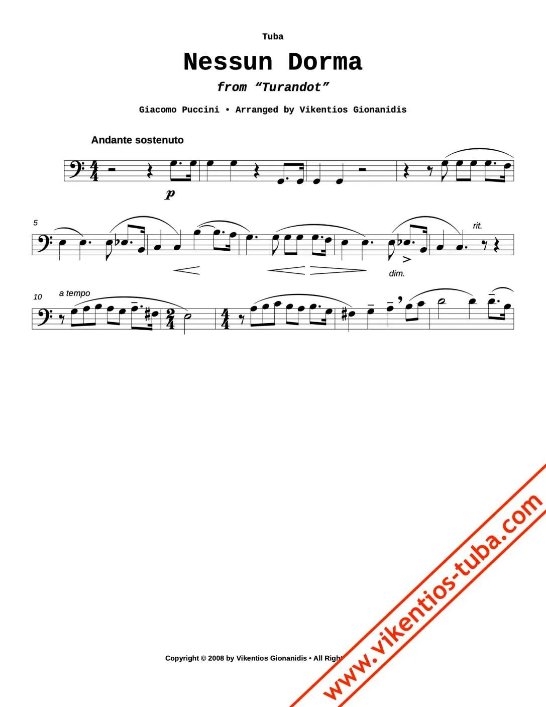 Vikentios Gionanidis Nessun Dorma Puccini Noten