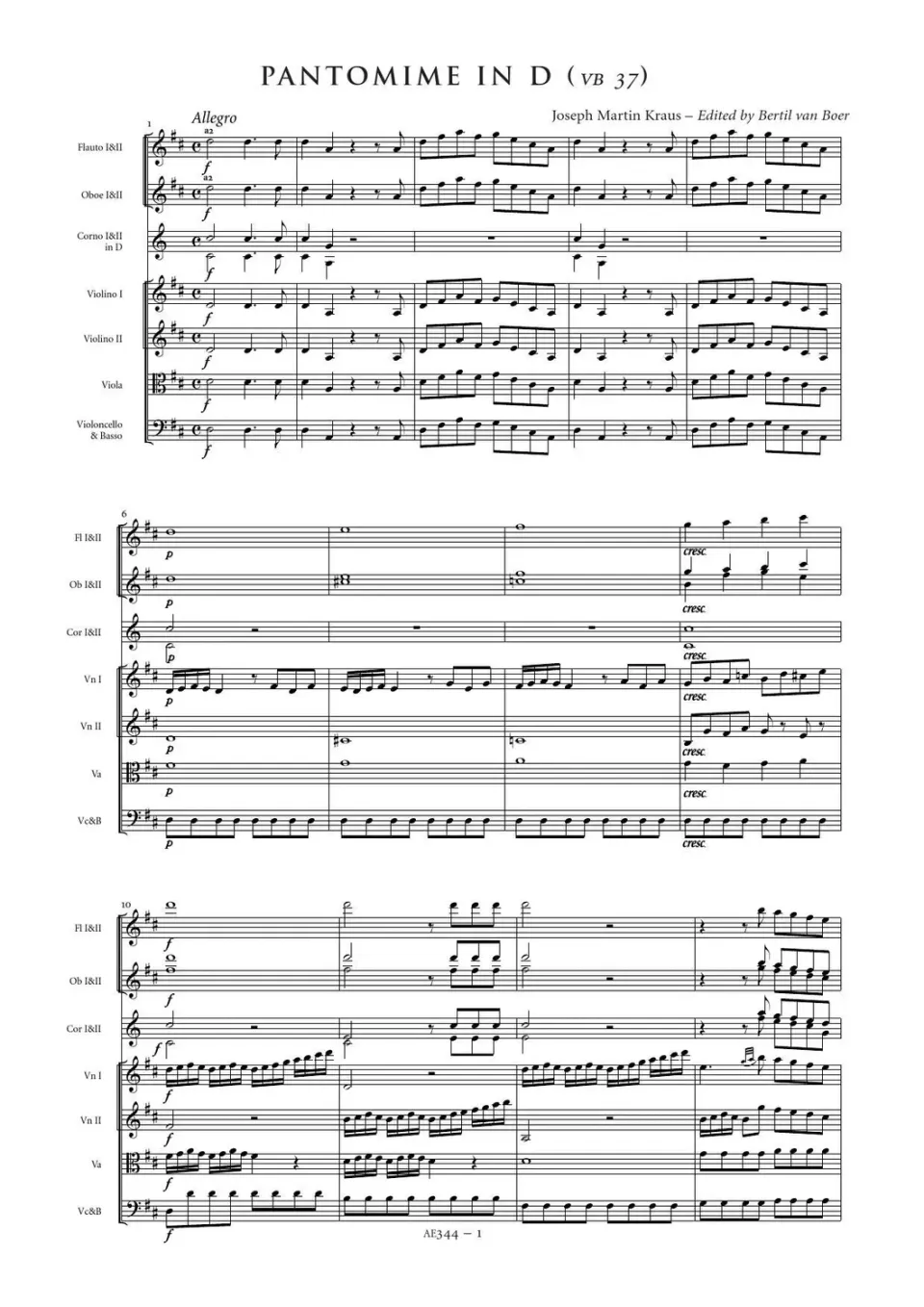 Artaria Kraus Pantomime D-Dur VB 37 AE344 Aufführungsmaterial