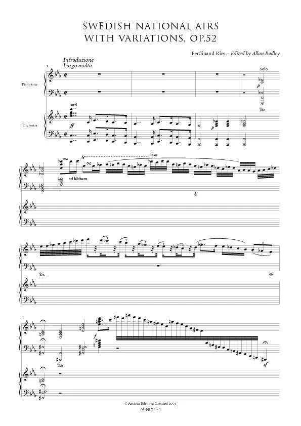 Artaria Ries Schwedische Weisen Op. 52 Klavierpartitur