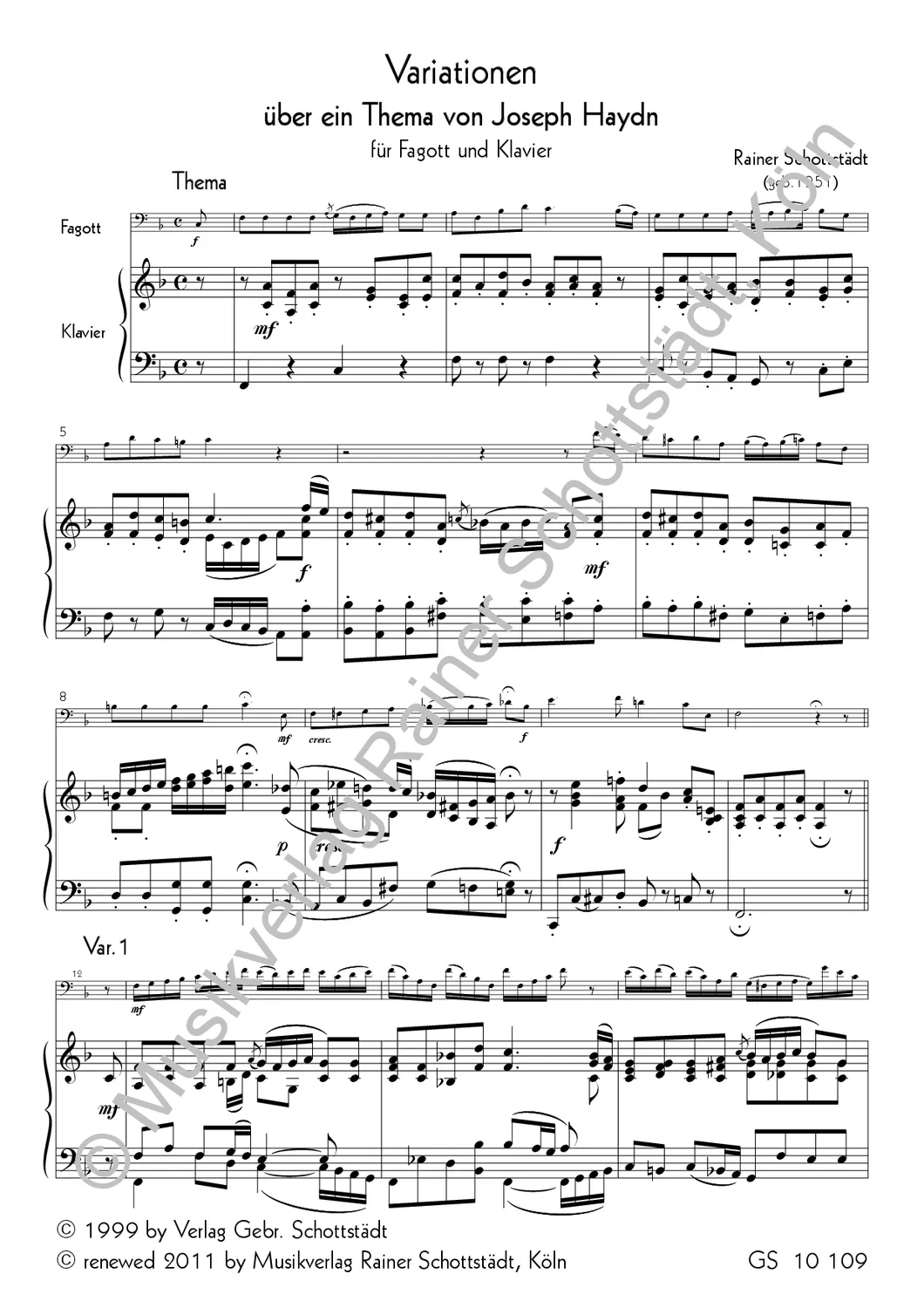 Musikverlag Rainer Schottstädt Variationen über ein Thema von Joseph Haydn Noten für Fagott und Klavier