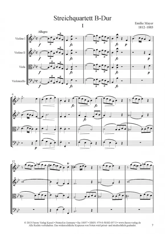 Furore Edition Streichquartett B-Dur Partitur und Stimmen 1855