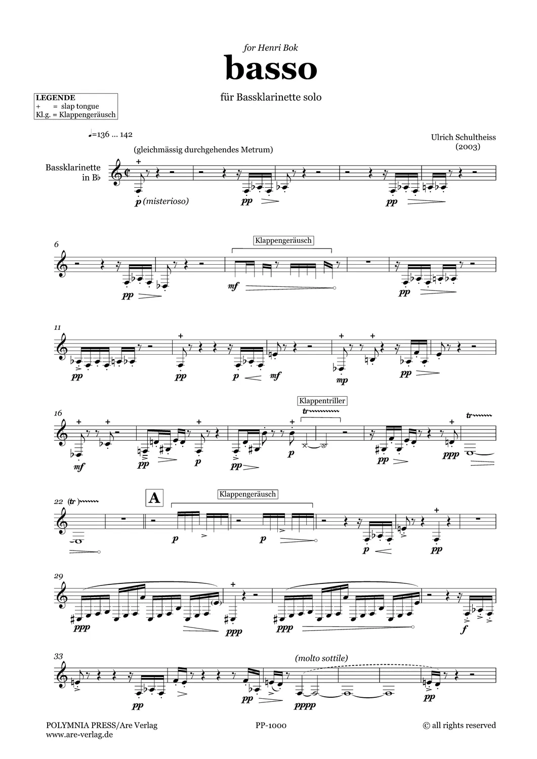 Are Musik Verlag basso Bassklarinette solo Noten