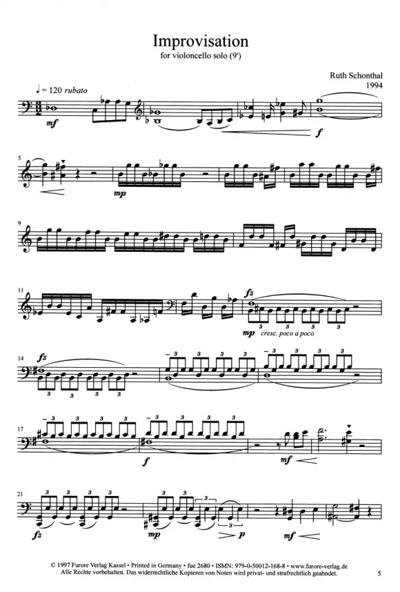 Furore Edition Improvisation for Solo Cello Partitur für Violoncello