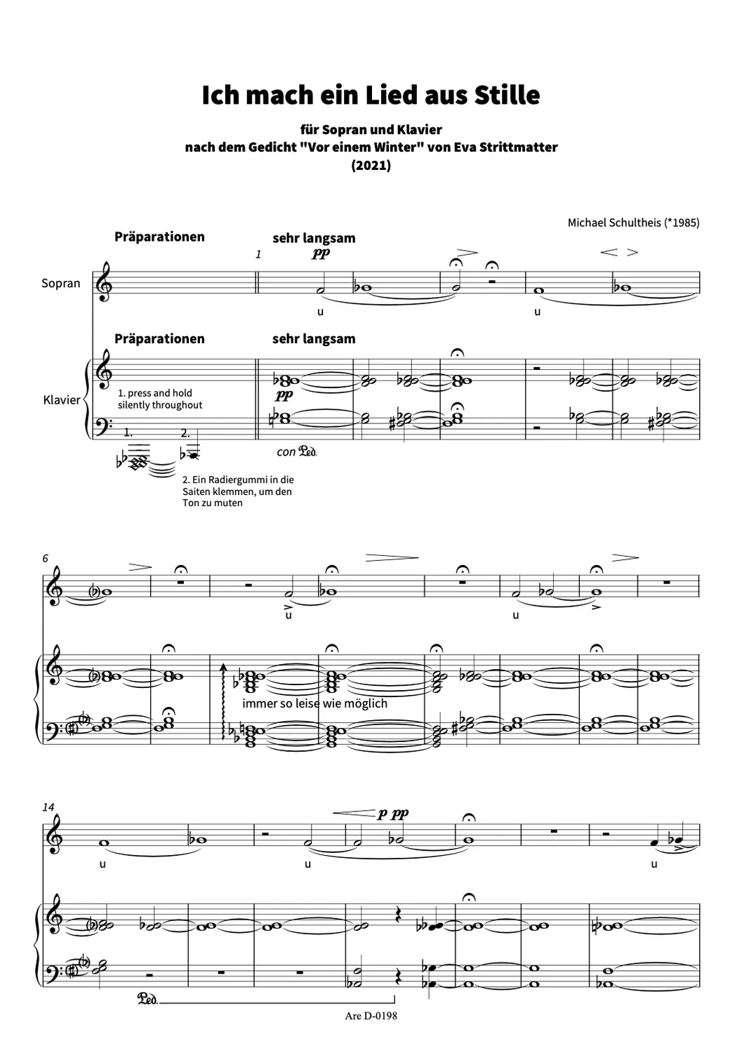 Are Musik Verlag Schultheis, Michael: Ich mach ein Lied aus Stille (2021) für Sopran und Klavier Noten
