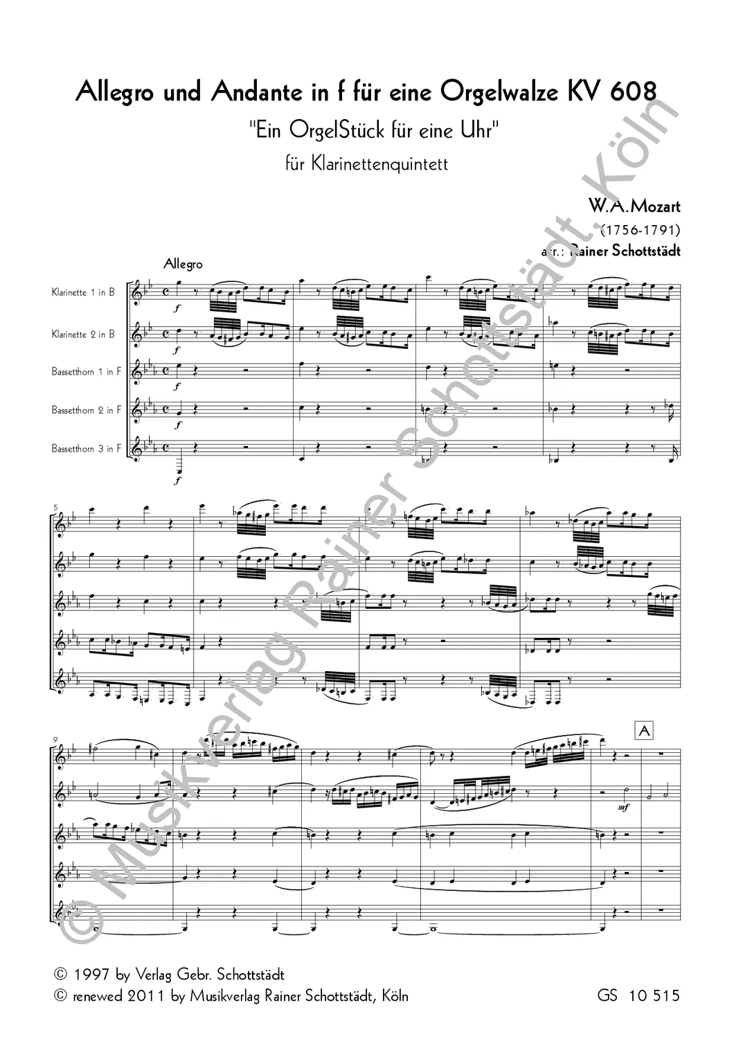 Musikverlag Rainer Schottstädt KV 608 Allegro Andante Noten Bläser