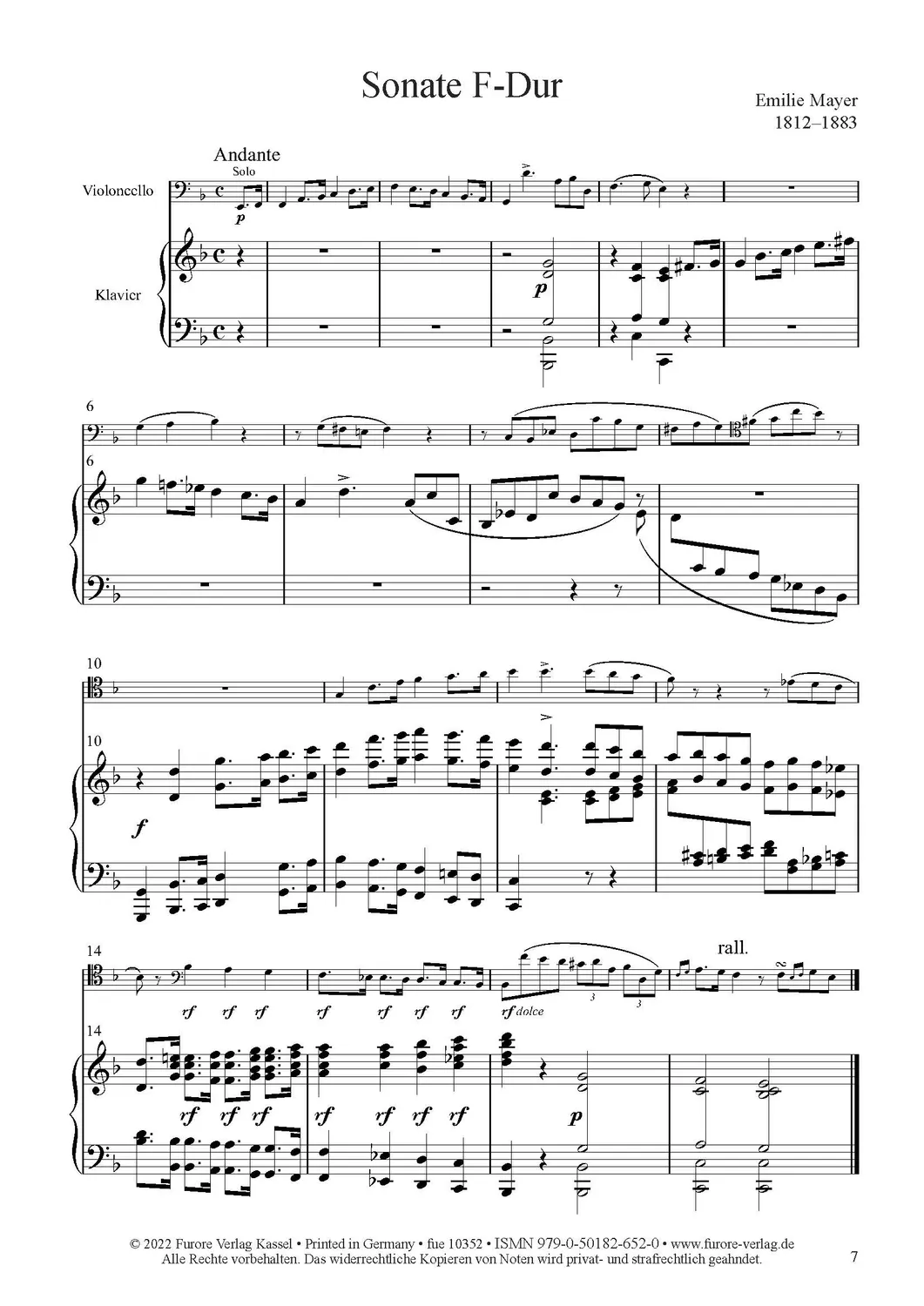 Furore Edition Sonate F-Dur Duo Cello Klaviernoten