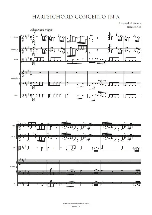 Artaria Hofmann Cembalokonzert A-Dur AE565 Partitur Cembalo