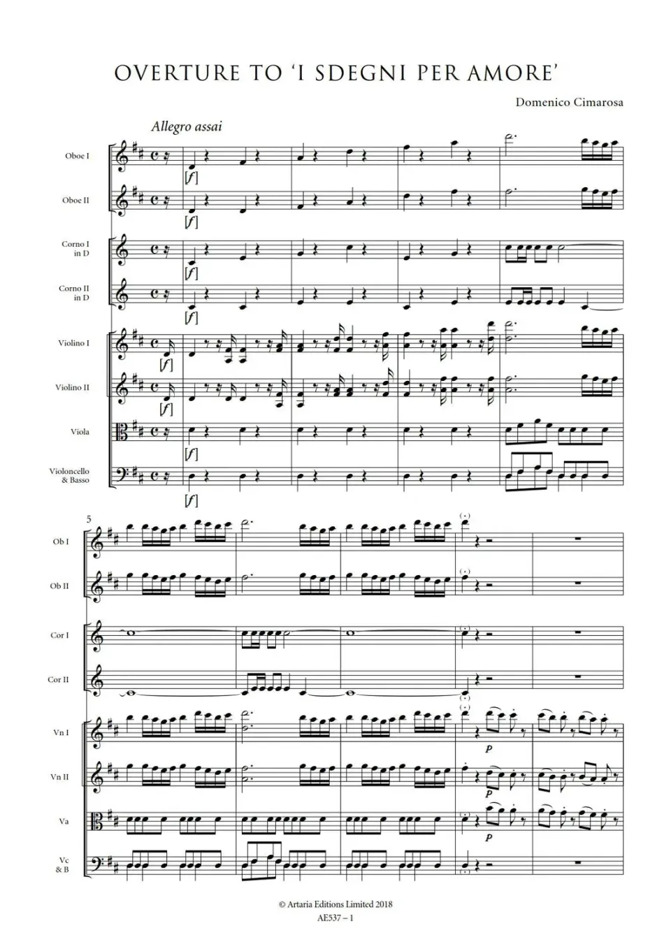 Artaria Cimarosa Sdegni per Amore AE537 Ouvertüre B-Dur