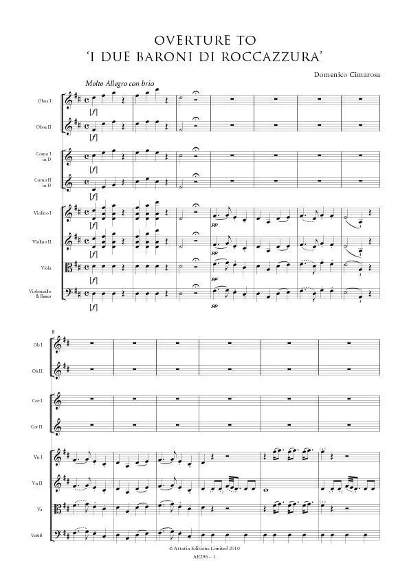 Artaria Cimarosa Ouvertüre Giannina e Bernadone Partitur