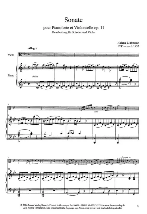 Furore Edition Sonate pour Piano et Violoncelle op. 11 für Viola und Klavier, Partitur und Stimme