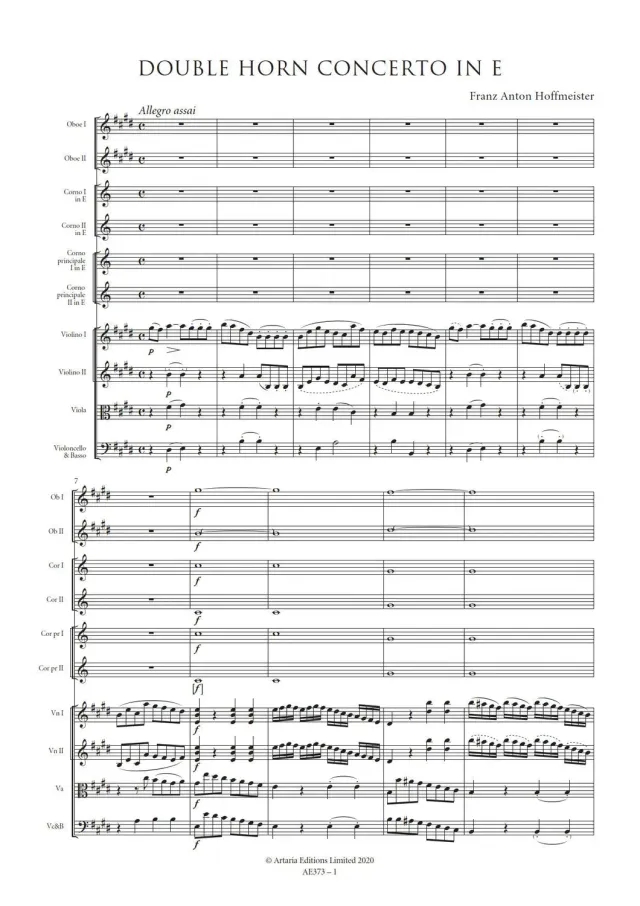 Artaria Hoffmeister Double Horn Concerto No. 2 in E major AE373 Partitur