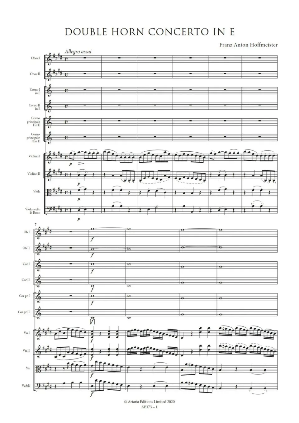 Artaria Hoffmeister Double Horn Concerto No. 2 in E major AE373 Partitur