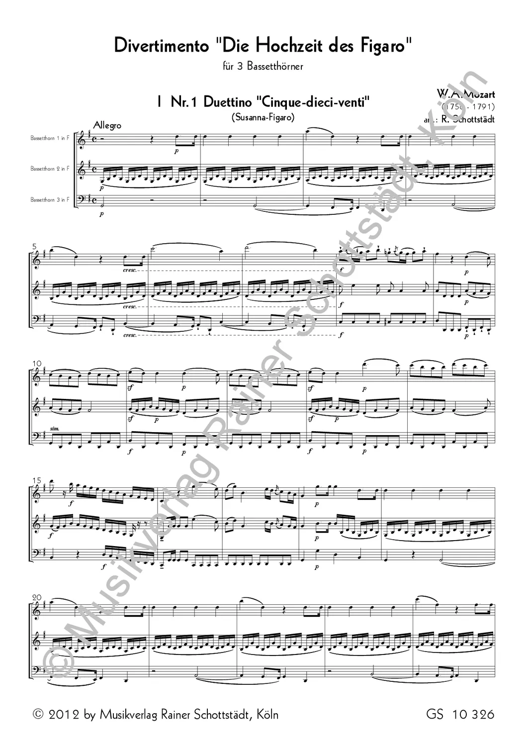 Musikverlag Rainer Schottstädt Divertimento Figaro Noten 3 Bassetthörner